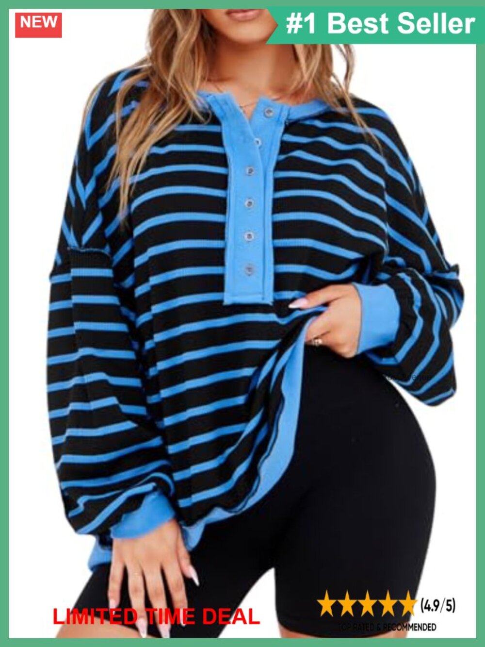 Oversized Waffle Knit Henley Sweatshirt Striped Pullover Top